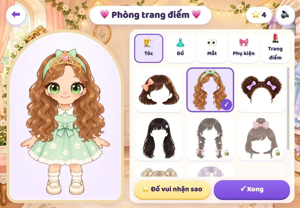 Phòng trang điểm: Lisa tóc xoăn dài, đội vương miện, mặc váy xanh bạc hà; bên phải là tủ tóc