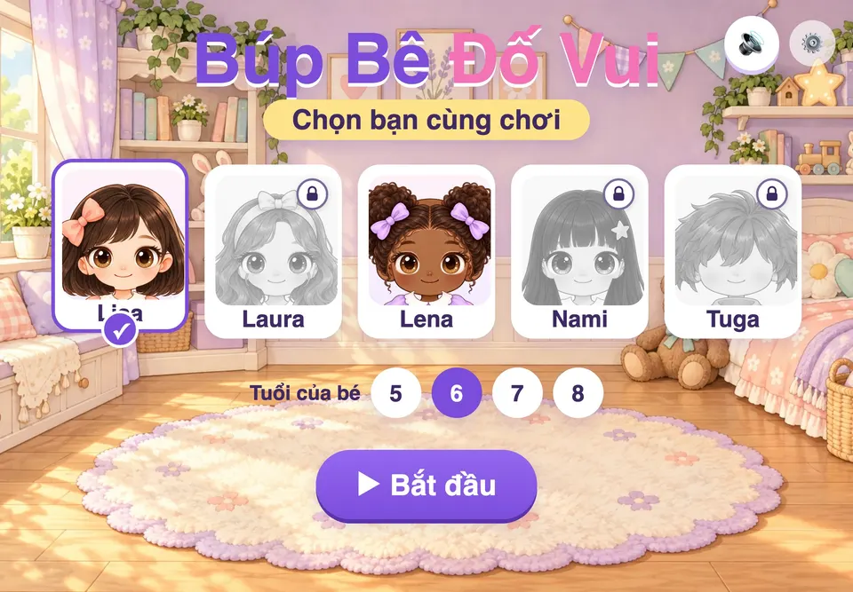 Màn chọn bạn cùng chơi: Lisa được chọn, hàng nút Tuổi của bé 5, 6, 7, 8