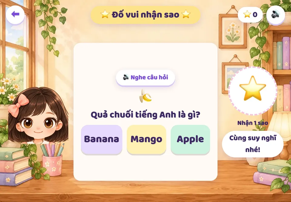 Đố vui nhận sao: câu hỏi có nút Nghe câu hỏi và ba đáp án