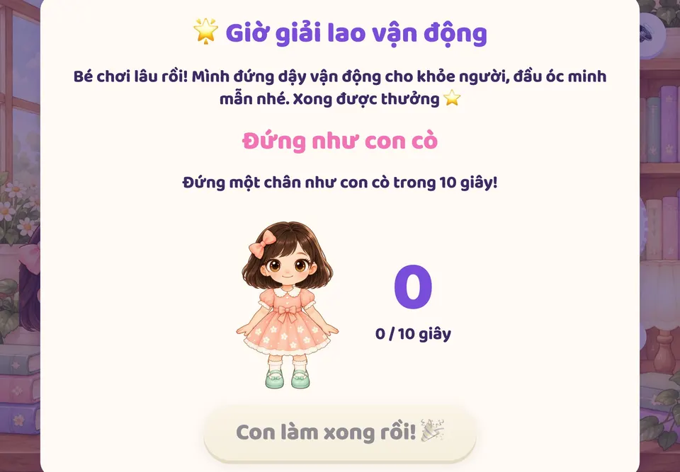 Giờ giải lao vận động: Lisa làm mẫu một động tác, đồng hồ đếm giây