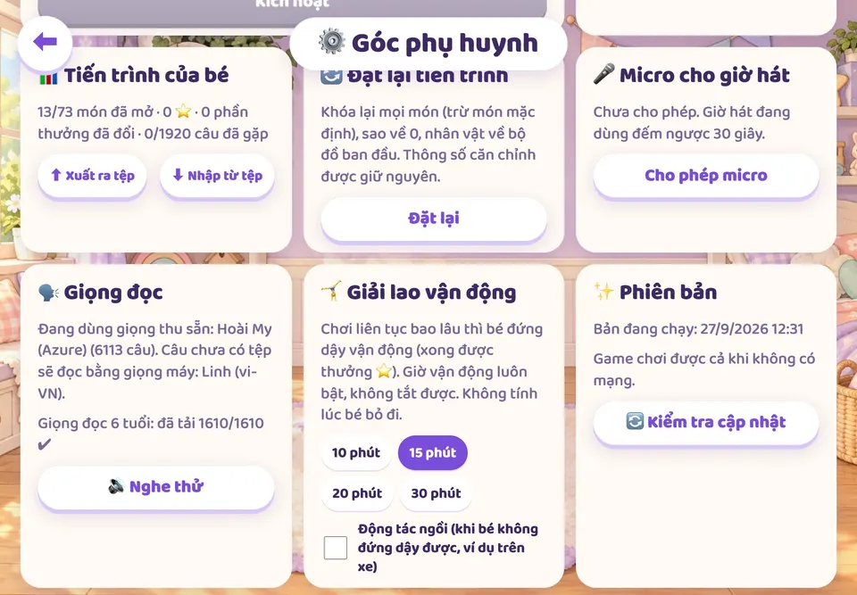 Góc phụ huynh: các lựa chọn giờ vận động 10, 15, 20, 30 phút, giọng đọc, tiến trình